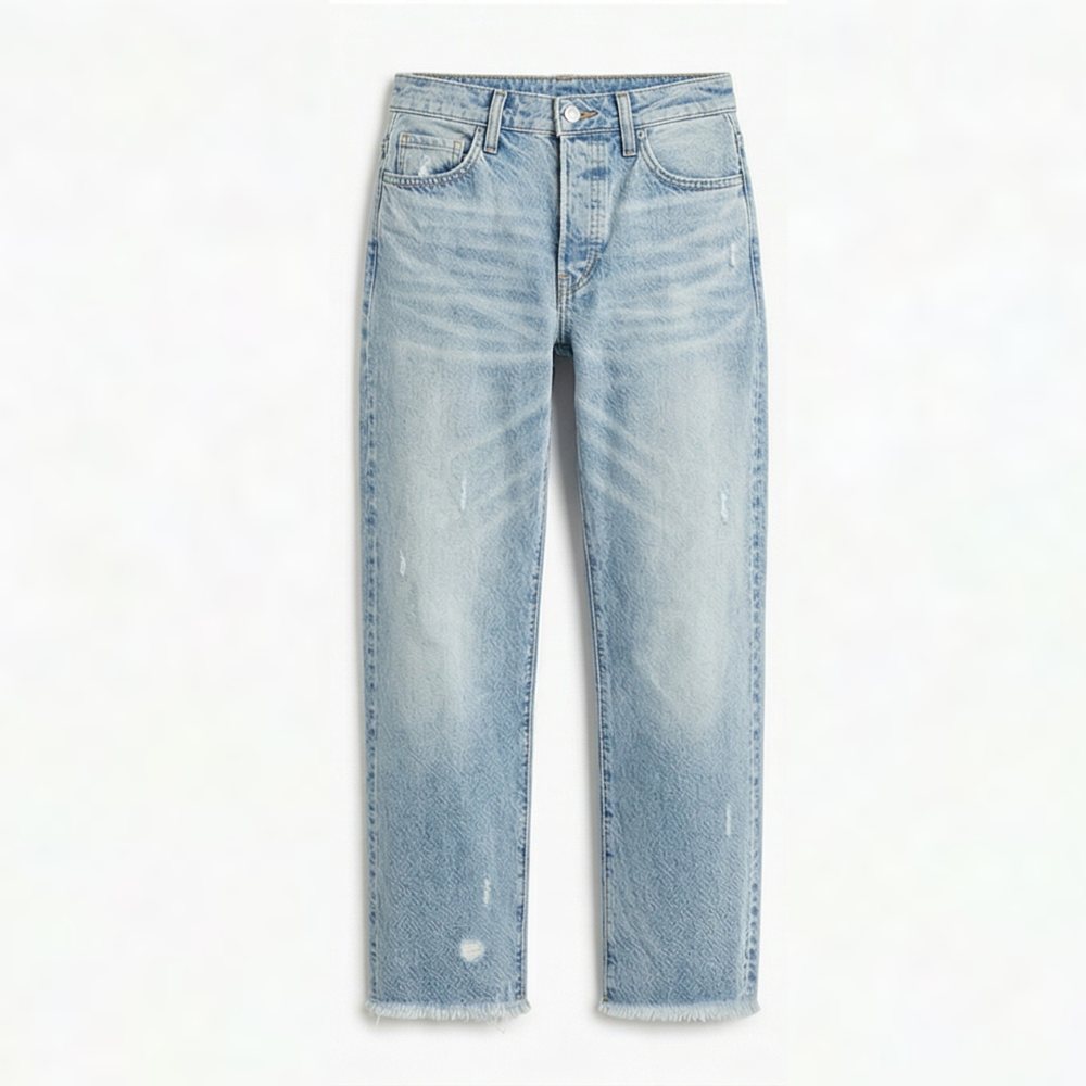 Damen Cropped Jeans: Vintage Straight Leg mit Fransen. Bequeme Jeanshose für Mode & Alltag.