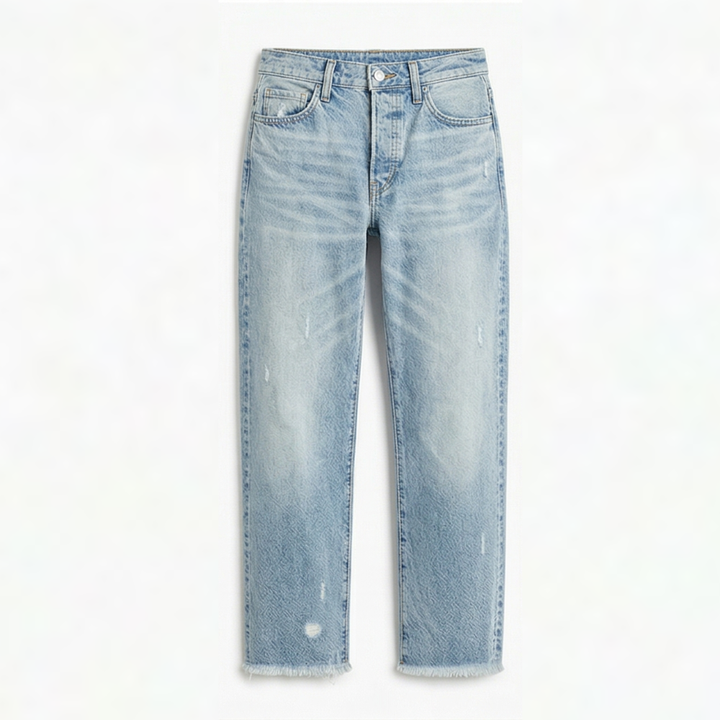Damen Cropped Jeans: Vintage Straight Leg mit Fransen. Bequeme Jeanshose für Mode & Alltag.