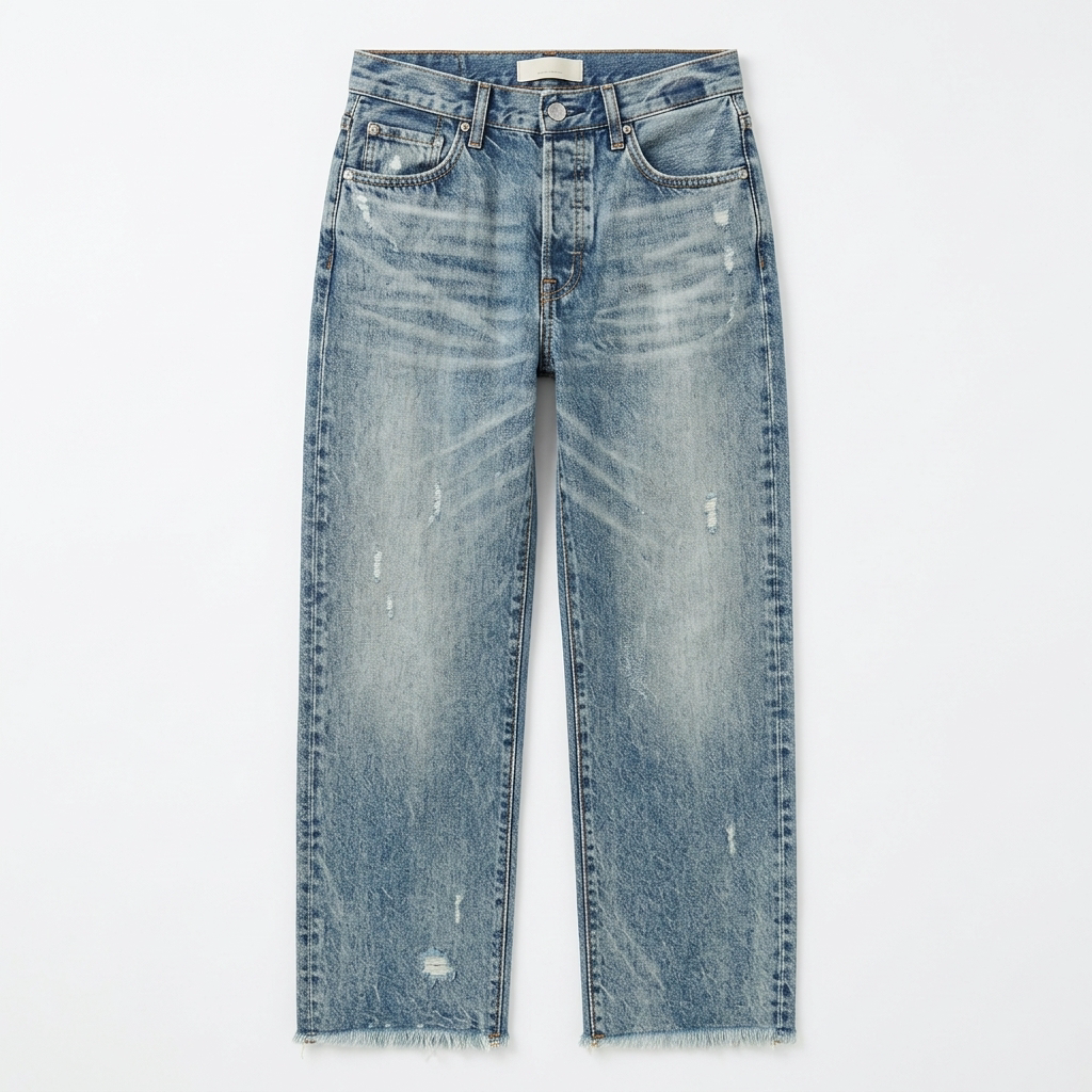 Damen Hose: Cropped Jeans im Vintage-Look, gerades Bein mit Fransen. Bequem & stylisch für Freizeit.