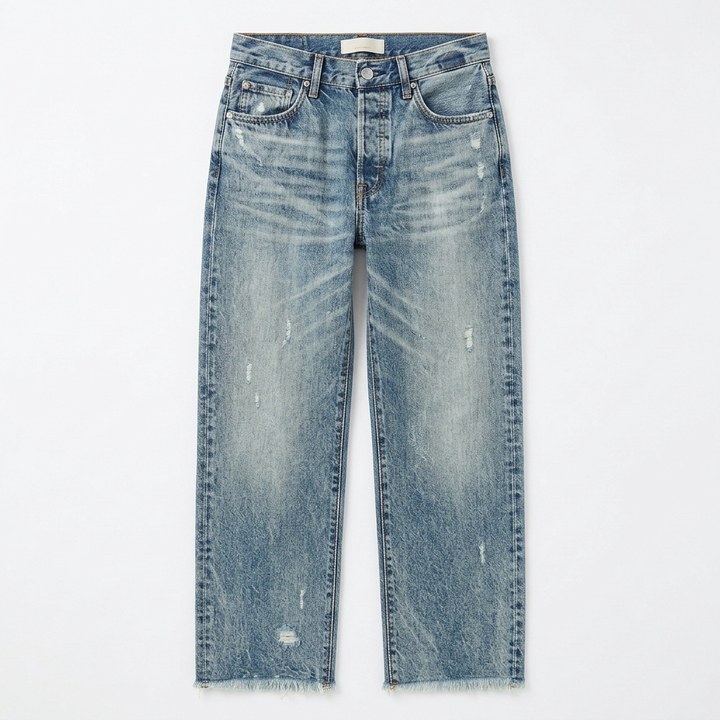 Damen Hose: Cropped Jeans im Vintage-Look, gerades Bein mit Fransen. Bequem & stylisch für Freizeit.