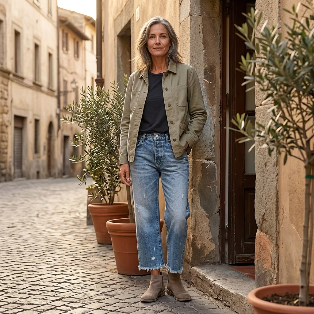 Weiche Damen Cropped Jeanshose mit Fransen und geradem Bein. Bequemer Vintage Style für jeden Tag.