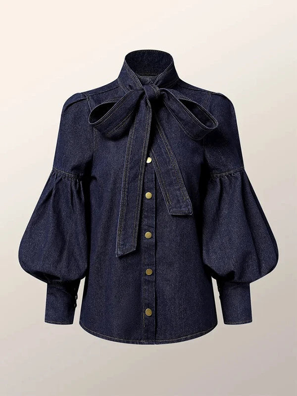 Elegante Damenbluse "Riva" aus Denim mit voluminösen Puffärmeln, ideal für modische Herbst-Looks.