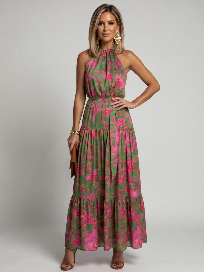 Damen Drapiertes Halter-Midikleid, floral bedruckt, elegant und sommerlich, ideal für Freizeit.
