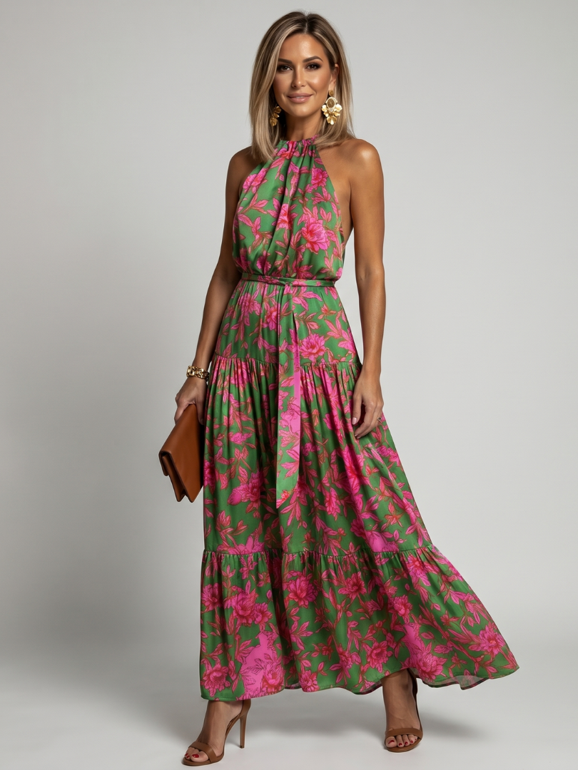 Elegantes florales Damen Midikleid mit Halterneck, perfekt als Sommer- oder Partykleid für Frauen.