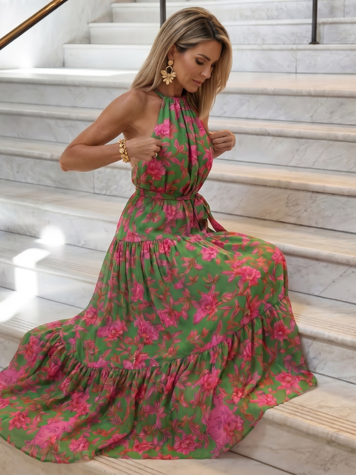 Elegantes florales Damen Halter-Midikleid, stilvolle Frauenmode für Freizeit und Anlässe.
