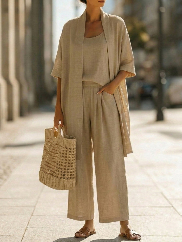 Weiches, komfortables Damen Dreiteiliges Set; elegantes Freizeit-Outfit, perfekt für warme Tage. Vielseitige Mode.