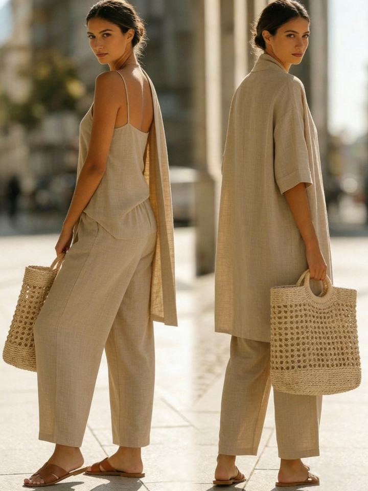 Komfortables Damen Sommer-Set, dreiteilig. Elegantes Freizeit-Outfit für Frauen; stilvolle, lässige Bekleidung.