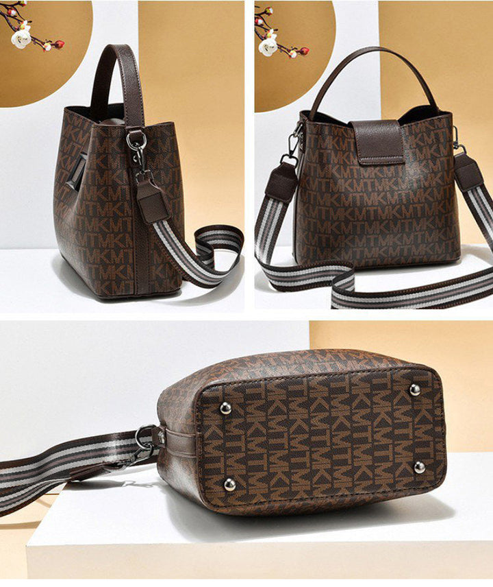 Frau mit eleganter brauner Eimer Tasche, vielseitige Handtasche für Damen.