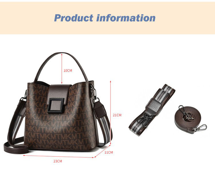 Seitenansicht der stilvollen Damen Eimer Tasche, als Handtasche getragen.