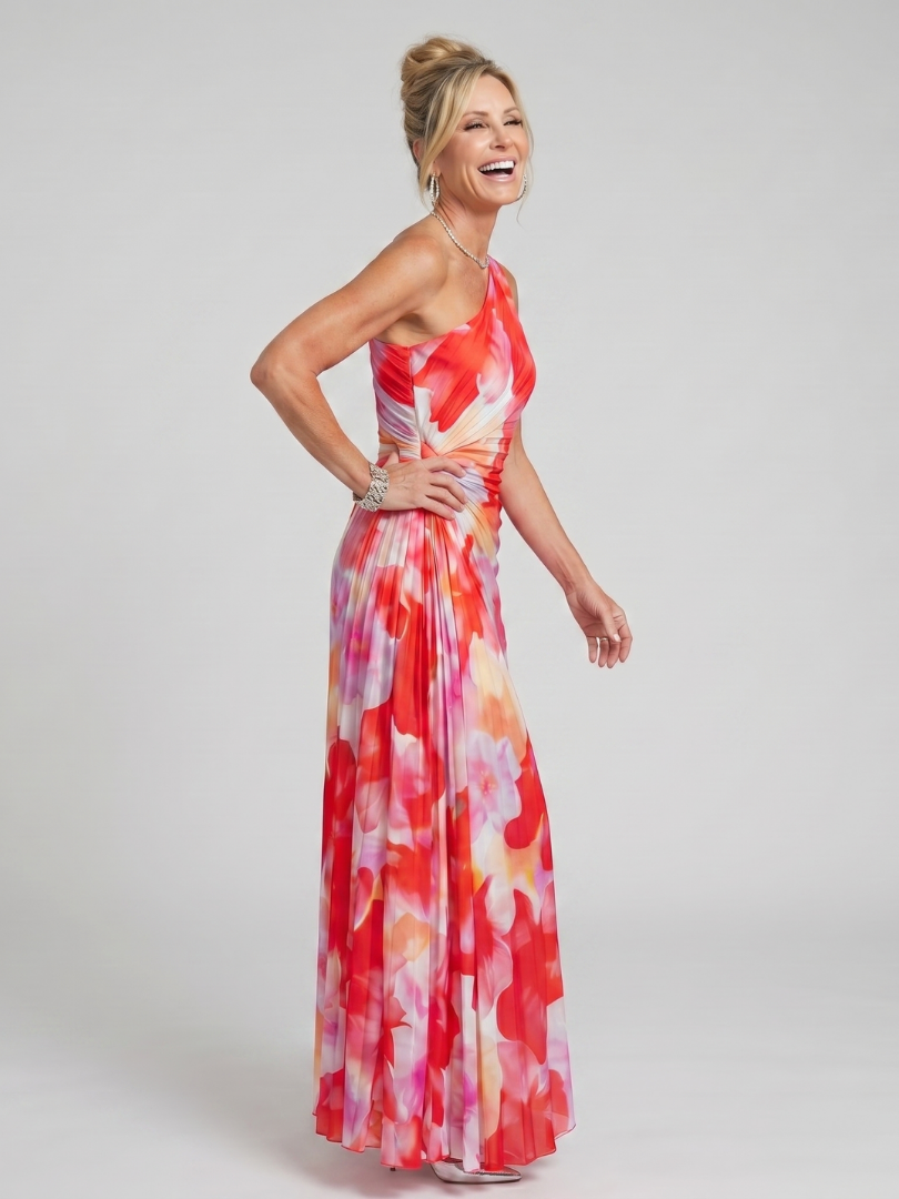 Komfortables Ein-Schulter Damen Midikleid mit plissiertem Rock. Elegant für Sommer, Freizeit & Abend. Modernes Design.