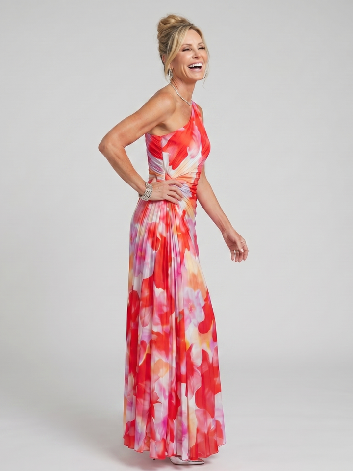 Komfortables Ein-Schulter Damen Midikleid mit plissiertem Rock. Elegant für Sommer, Freizeit & Abend. Modernes Design.