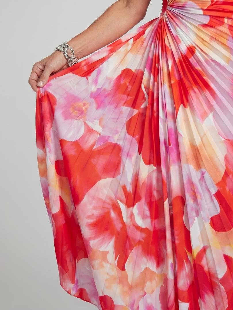 Florales Ein-Schulter Plissiertes Midikleid für Damen. Festlich, fließend & elegant, ideal als Abend- oder Sommerkleid.