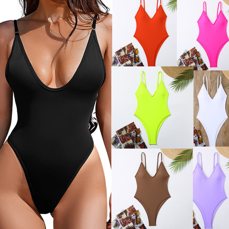Damen Einteiler V-Ausschnitt Badeanzug für eleganten Strand- und Pool-Look.