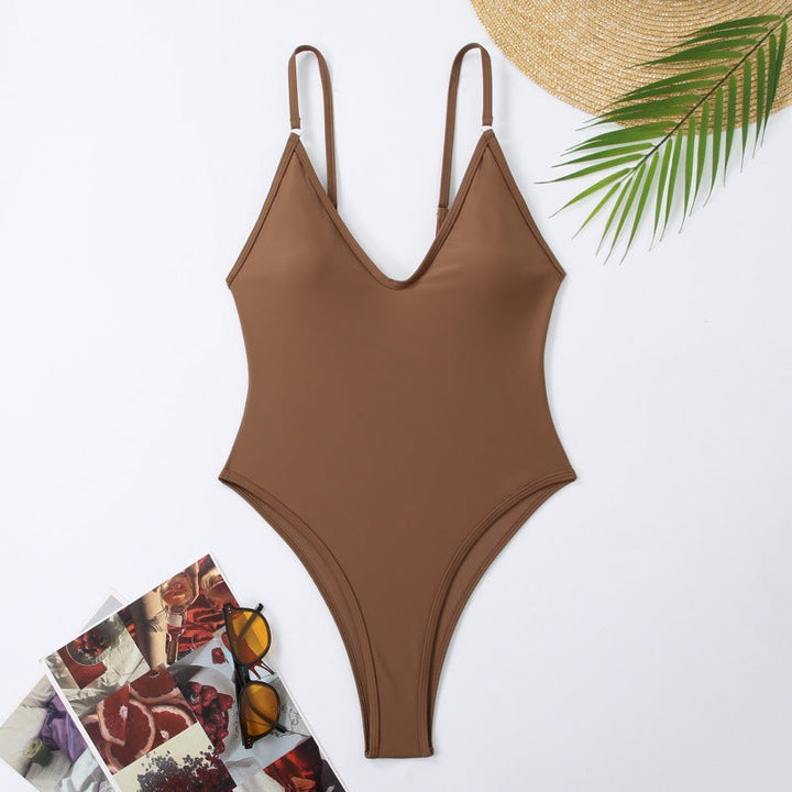 Damen Einteiler Bademode V-Ausschnitt, zeitlos elegant für den Strand- und Poolbereich.