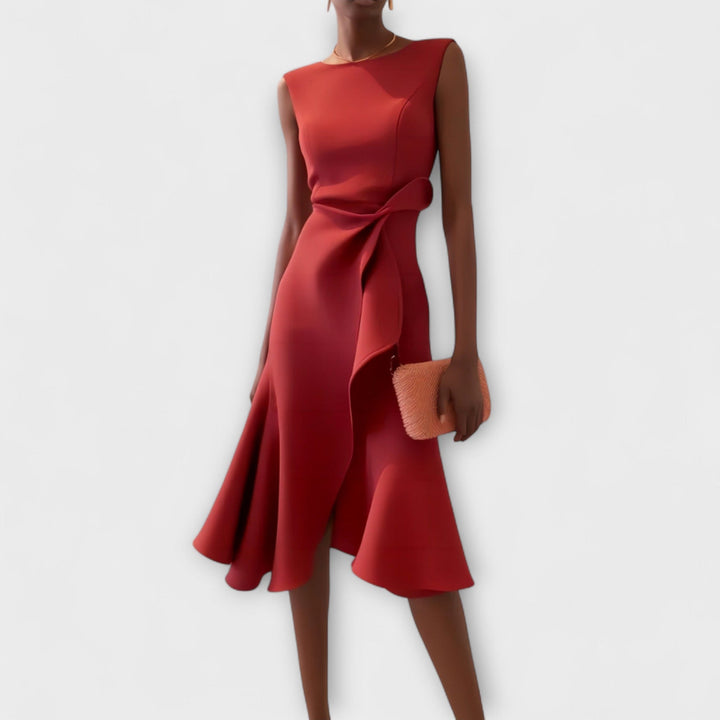 Damen elegantes drapiertes asymmetrisches Midi-Kleid, perfekt für stilvolle Auftritte und besondere Anlässe.