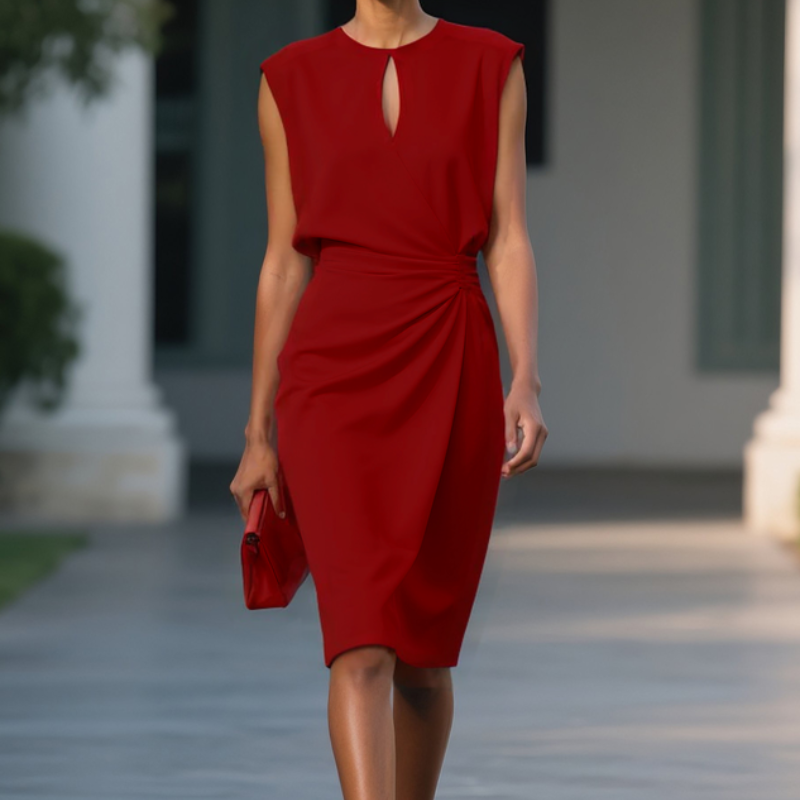 Elegant fallendes langes Damenkleid Erna, zeigt die fließende Ästhetik und den zeitlosen Stil dieses Freizeitkleides.
