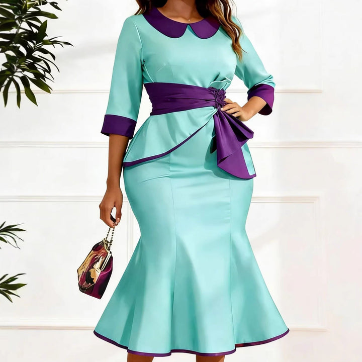 Damen Elegantes grünes Kleid mit modischem Kragen und asymmetrischer Taille für besondere Anlässe.
