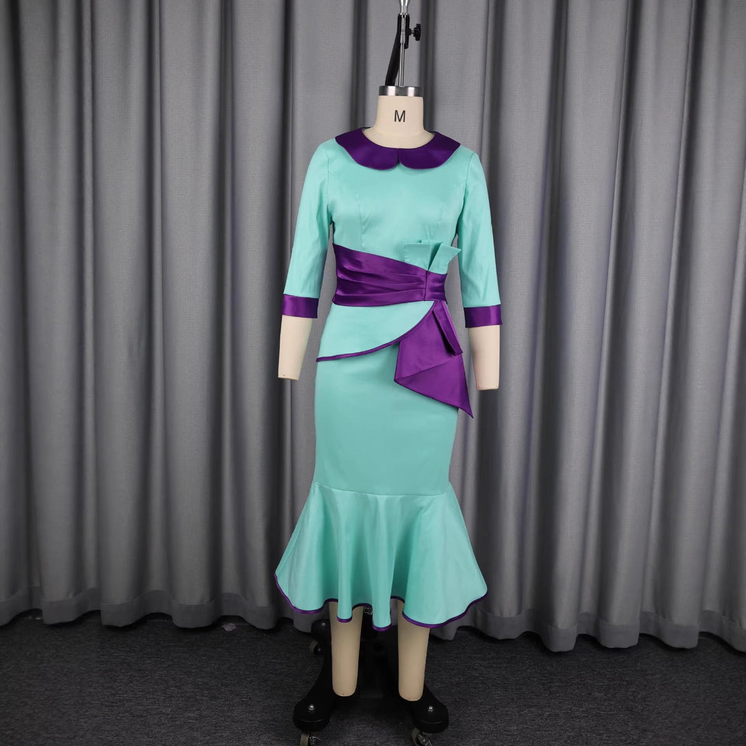 Stilvolles Damen Abendkleid in Grün, tailliert mit modernem Kragen, ideal für festliche Events.