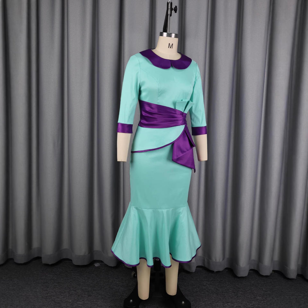 Grünes Partykleid für Damen mit elegantem Kragen und asymmetrischem Schnitt, perfekt für Feiern.