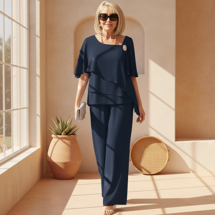 Damen elegantes marineblaues Flow-Set, zweiteiliges Outfit mit weiter Hose & fließendem Oberteil. Perfekt für Abend & Freizeit.