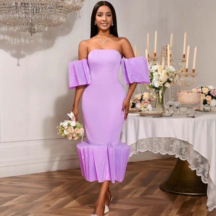 Damen elegantes Midi-Kleid in Schwarz mit Rüschenärmeln, asymmetrischem Saum für Party & Abend.