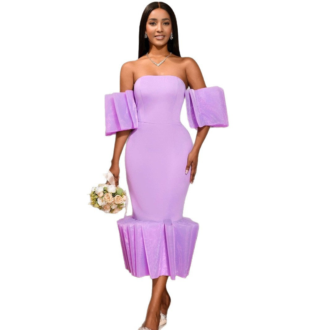 Zeitloses Abendkleid: Elegantes Damen Midi-Kleid, Rüschenärmel, fließender asymmetrischer Rock für festliche Events.