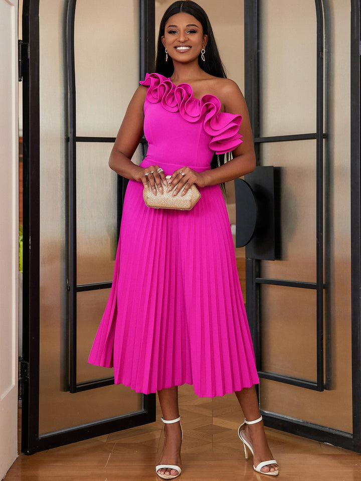 Modisches Midi-Kleid für Damen, perfekt für festliche Events, mit asymmetrischem Rüschen-Design am Ausschnitt.