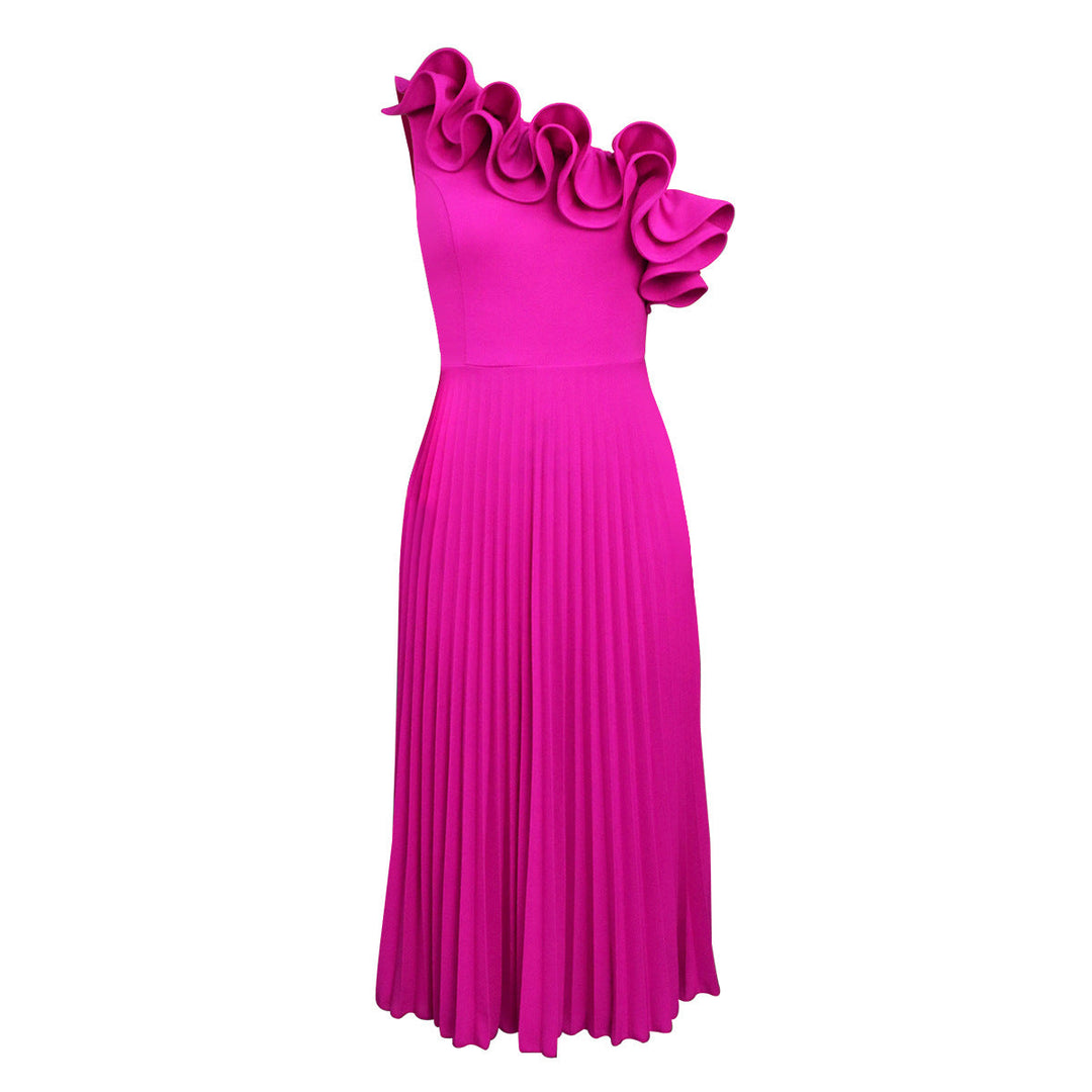 Trendiges Midi-Kleid für Frauen, perfekt für besondere Anlässe, mit detailreichem asymmetrischen Rüschen-Ausschnitt.