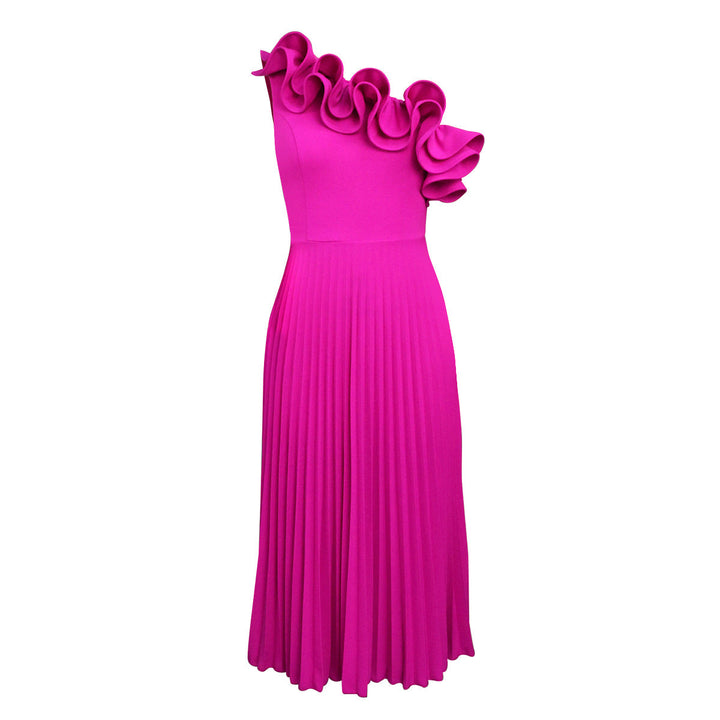 Trendiges Midi-Kleid für Frauen, perfekt für besondere Anlässe, mit detailreichem asymmetrischen Rüschen-Ausschnitt.