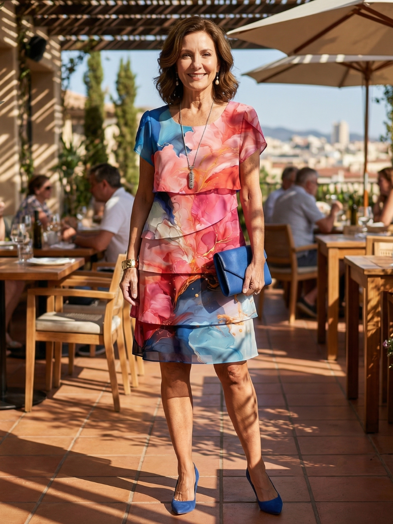 Bequemes Damen Sommerkleid, locker geschnitten, mit trendigem Marmorprint und fließendem Stoff.