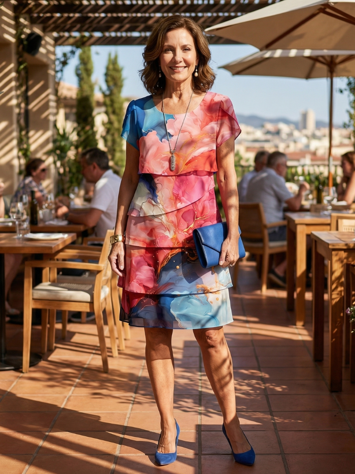 Bequemes Damen Sommerkleid, locker geschnitten, mit trendigem Marmorprint und fließendem Stoff.
