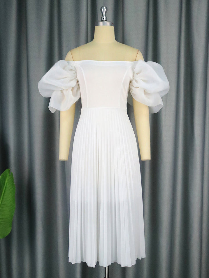 Trendiges Damen Sommerkleid: Midikleid mit kurzen Puffärmeln und elegantem Plisseerock, für Partys.