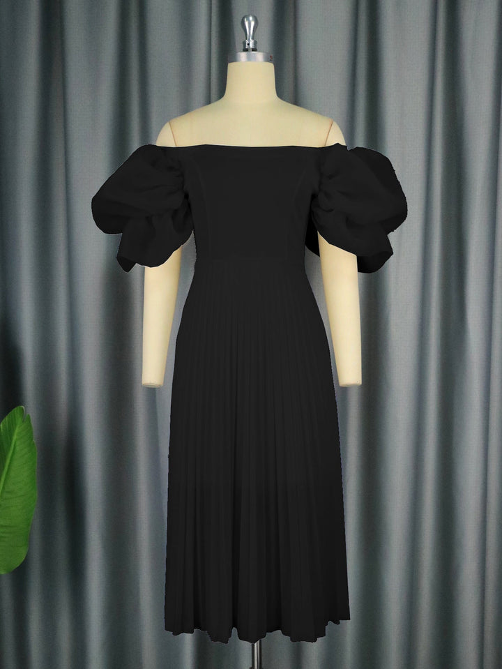 Damen Festkleid: Elegantes Midikleid mit romantischen Puffärmeln und fließendem Plisseerock, vielseitig.