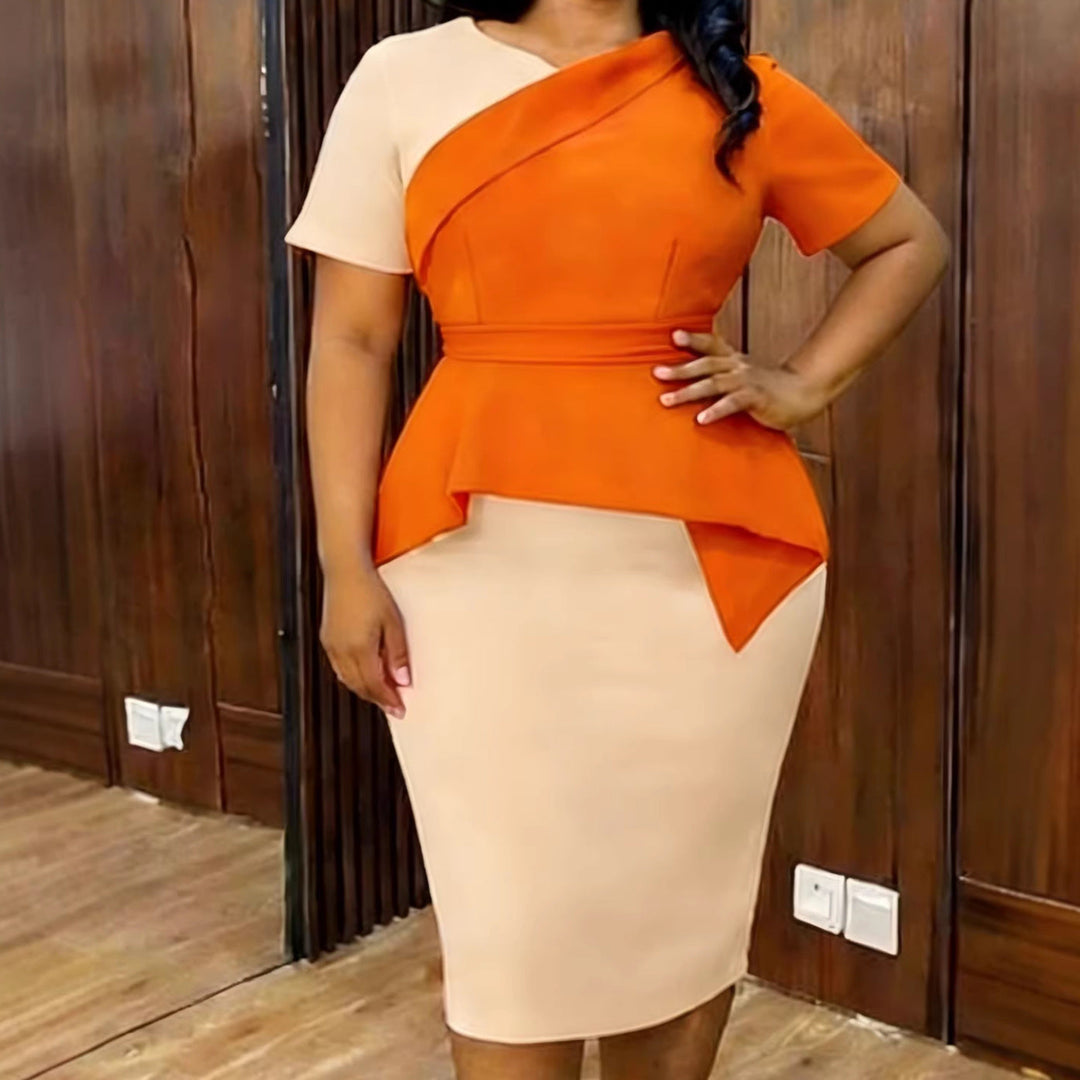 Damen elegantes orangefarbenes Wickelkleid, asymmetrisch und figurbetont, ideal für Abend- & Party-Anlässe.