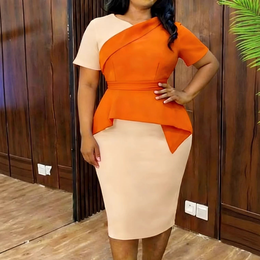 Stilvolles, orangefarbenes Langarm Wickelkleid für Damen, mit asymmetrischem Saum und figurbetontem Schnitt.