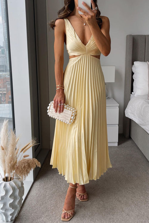 Damen elegantes plissiertes Maxikleid in A-Linie, perfekt für Abend und Sommeranlässe.