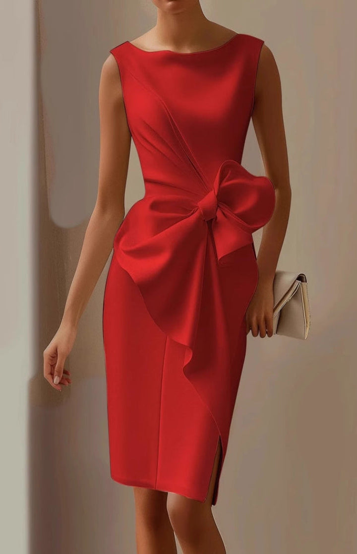 Festliches Partykleid für Damen, ärmellos, elegant und tailliert, mit chicer Rückenschleife und Bootsausschnitt.