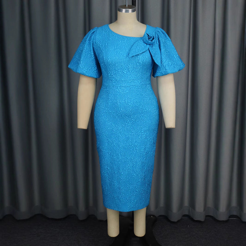 Elegantes Damen Cocktailkleid mit Puffärmeln & Blumen, figurbetont, ideal für Party & Abend.
