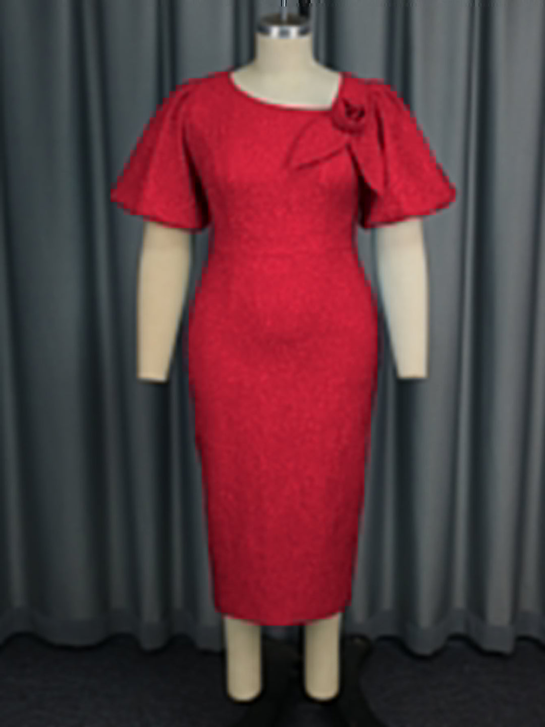 Stilvolles Damen Partykleid, figurbetont, mit trendigen Puffärmeln und Blumenapplikation.