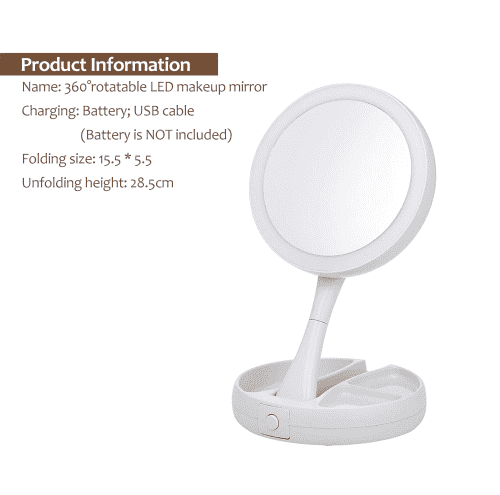 Praktischer Schminkspiegel für Damen, faltbar, mit integrierter LED-Beleuchtung und Zoomfunktion.