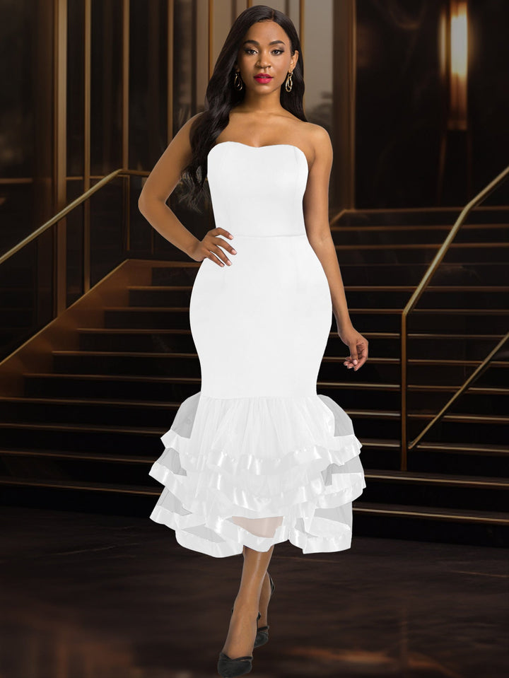 Schulterfreies, figurbetontes Damenkleid mit Rüschensaum, ideal als Abendkleid, Cocktailkleid oder für Events.
