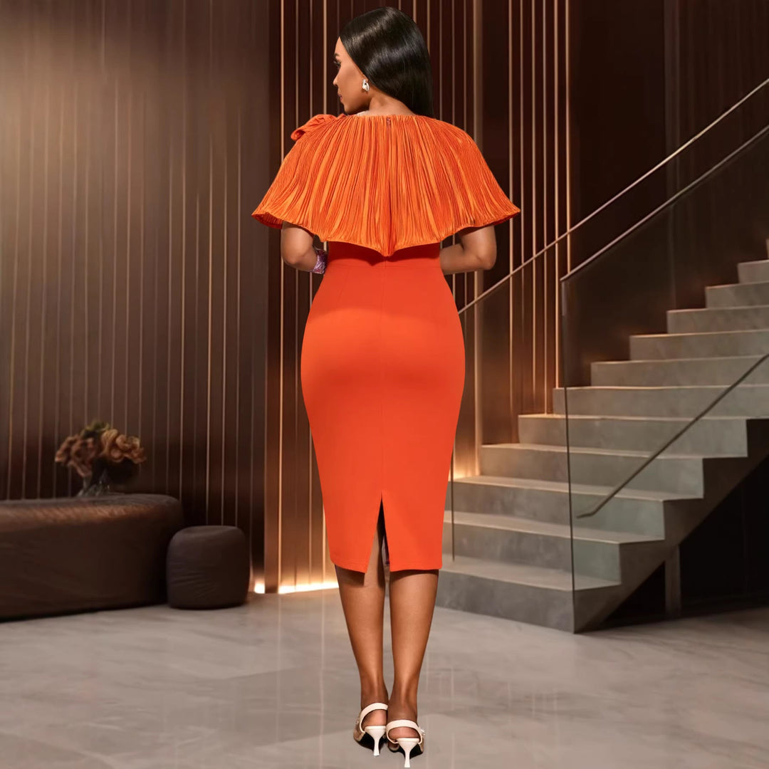 Elegantes orangefarbenes Partykleid für Damen, figurbetont, mit Blumenapplikation & stilvollem Volant.