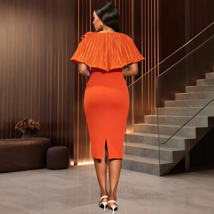 Elegantes orangefarbenes Partykleid für Damen, figurbetont, mit Blumenapplikation & stilvollem Volant.