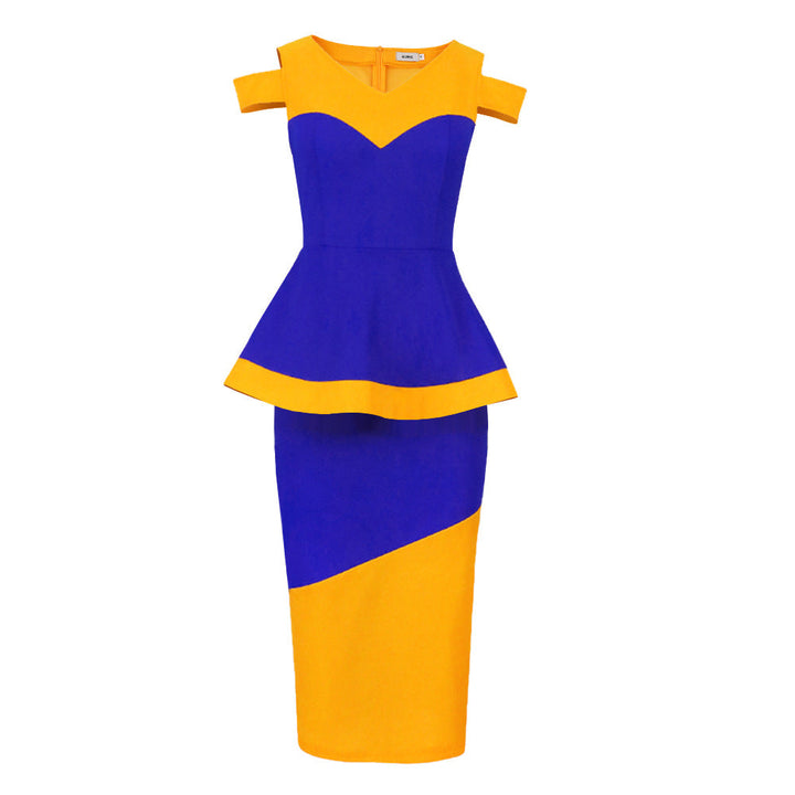 Modernes, blaues Geometrie-Kleid für Damen, enganliegend, mit elegantem Muster, ideal für Cocktailempfänge.
