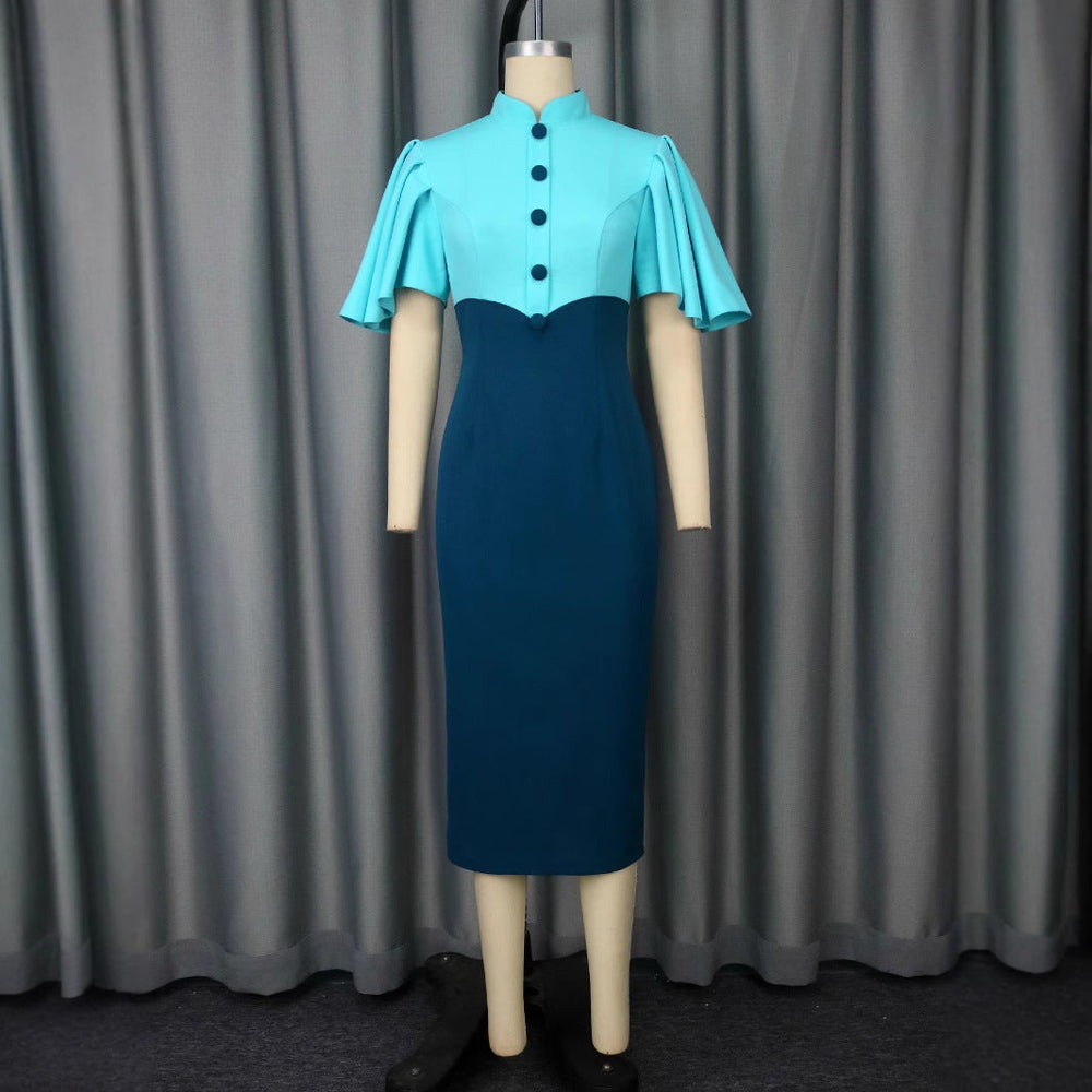 Elegantes Abendkleid für Damen, figurbetont geschnitten, mit stilvollem Stehkragen und auffälligen Puffärmeln.