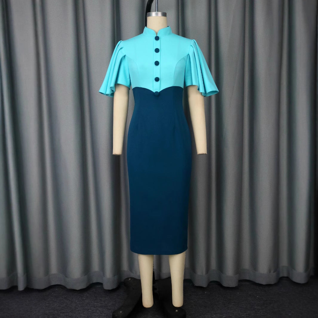 Elegantes Abendkleid für Damen, figurbetont geschnitten, mit stilvollem Stehkragen und auffälligen Puffärmeln.