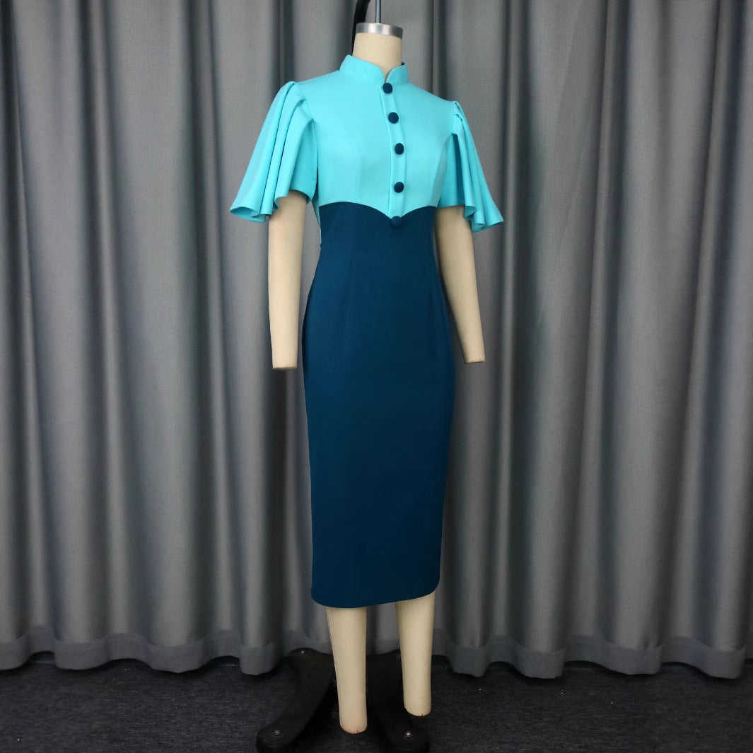 Modernes Partykleid für Frauen: Figurbetonter Schnitt, hoher Stehkragen und voluminöse Puffärmel für einen glamourösen Look.