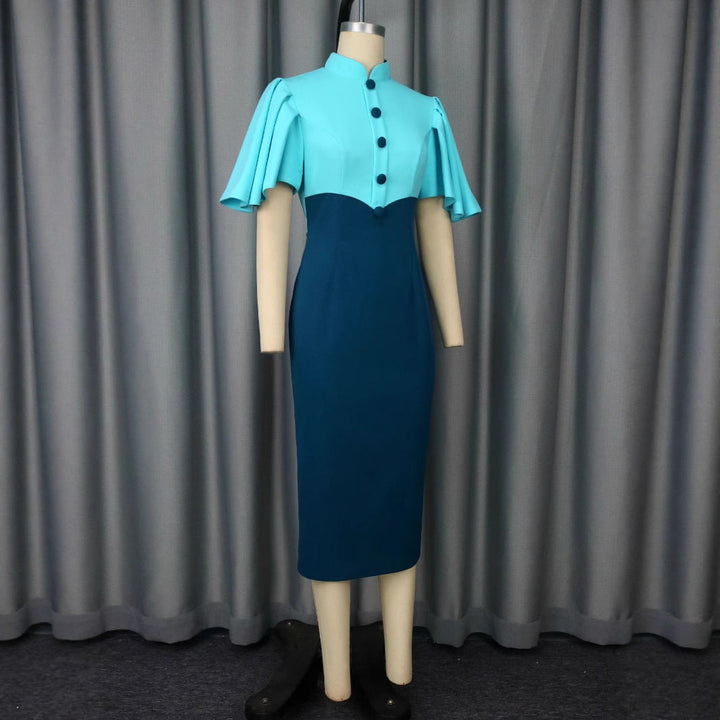 Modernes Partykleid für Frauen: Figurbetonter Schnitt, hoher Stehkragen und voluminöse Puffärmel für einen glamourösen Look.