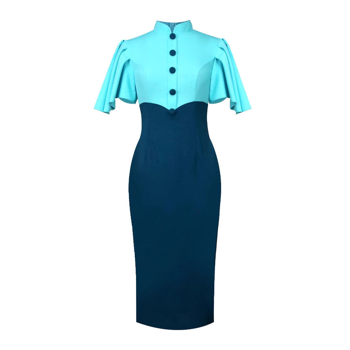Festliches Damenkleid mit figurbetonter Passform, elegantem Stehkragen und modischen Puffärmeln, perfekt für Partys.