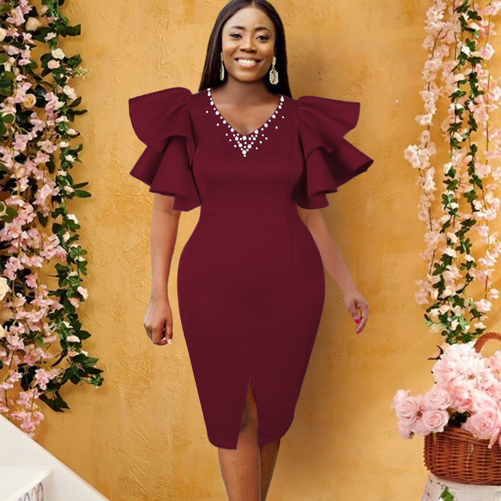 Damen figurbetontes Midi-Kleid mit Rüschen und Glitzer, ideal als Abend- oder Cocktailkleid für besondere Anlässe.